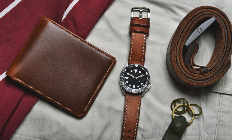 Men Fashion and Accessories, Wrist Watch with Brown Leather Strap, Stylish Men Stuff, Diving Watch with Wallet and Belt.